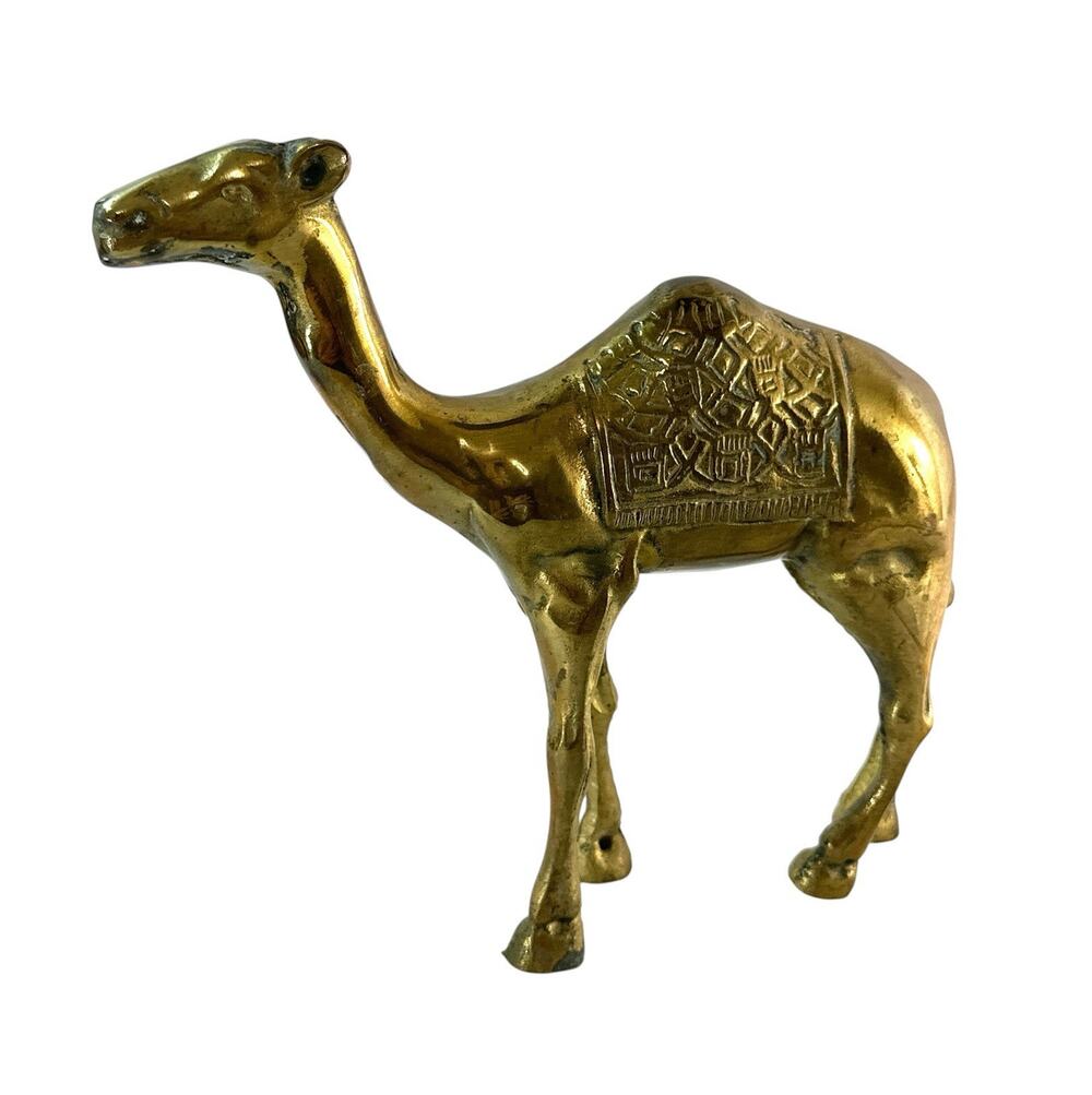 Vintage Solid Brass Camel Figurine Engraved Saddle Middle Eastern Decor 8”